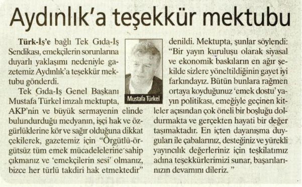 AYDINLIK’A TEŞEKKÜR MEKTUBU