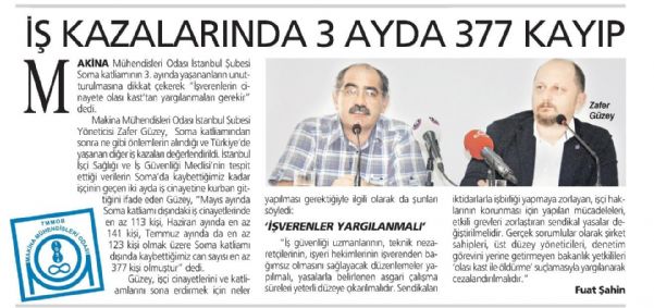 İŞ KAZALARINDA 3 AYDA 377 KAYIP