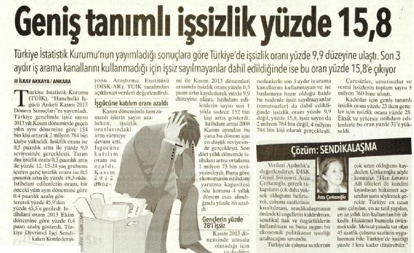 GENİŞ TANIMLI İŞSİZLİK YÜZDE 15,8