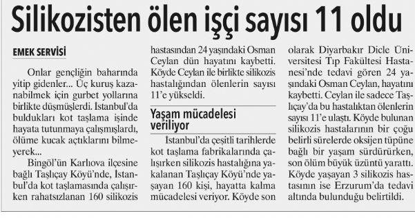 SİLİKOZİSTEN ÖLEN İŞÇİ SAYISI 11 OLDU