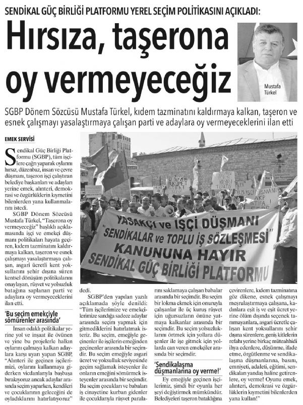 SENDİKAL GUÇ BİRLİĞİ PLATFORMU YEREL SEÇİM POLİTİKASINI AÇIKLADI