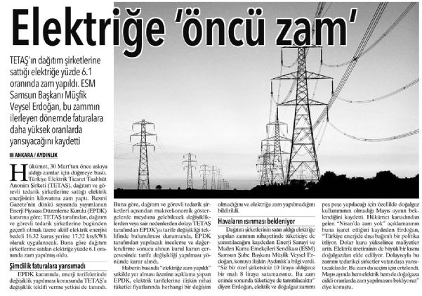 ELEKTRİĞE ‘ÖNCÜ ZAM’