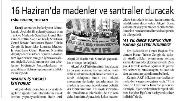 16 HAZİRAN’DA MADENLER VE SANTRALLER DURACAK