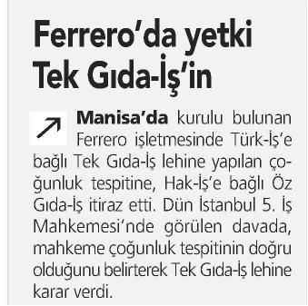 FERRERO’DA YETKİ TEKGIDA-İŞ’İN
