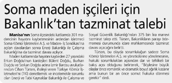 SOMA MADEN İŞÇİLERİ İÇİN BAKANLIKTAN TAZMİNAT TALEBİ