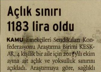 AÇLIK SINIRI 1183 LİRA OLDU