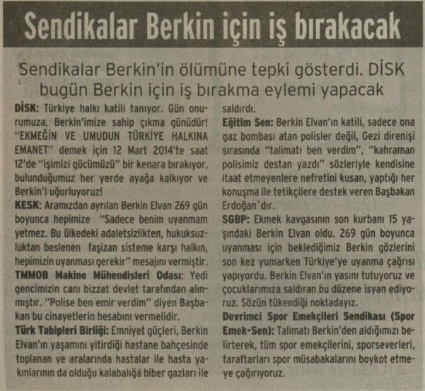 SENDİKALAR BERKİN İÇİN İŞ BIRAKACAK