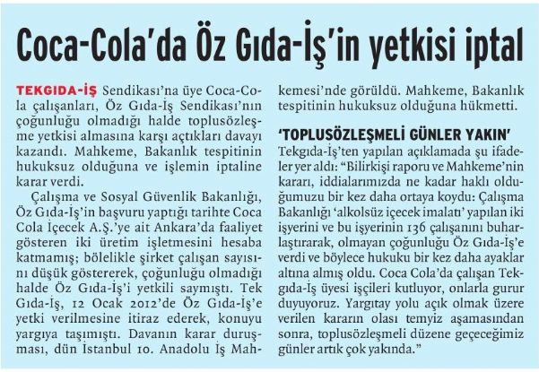 COCA-COLA’DA ÖZ GIDA-İŞ’İN YETKİSİ İPTAL