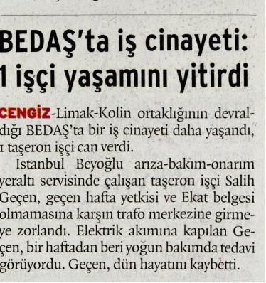 BEDAŞ’TA İŞ CİNAYETİ
