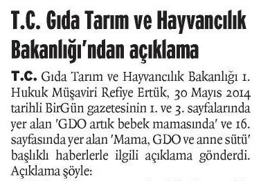 T.C. GIDA TARIM VE HAYVANCILIK BAKANLIĞI’NDAN AÇIKLAMA