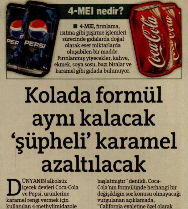 KOLADA FORMÜL AYNI KALACAK ‘ŞÜPHELİ’ KARAMEL AZALTILACAK