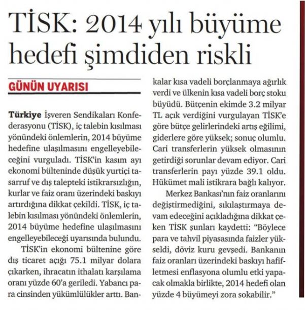 TİSK: 2014 YILI BÜYÜME HEDEFİ ŞİMDİDEN RİSKLİ