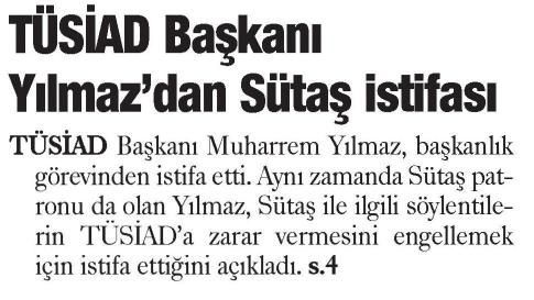 TÜSİD BAŞKANI YILMAZ’DAN SÜTAŞ İSTİFASI