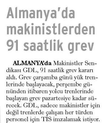 ALMANYA’DA MAKİNİSTLERDEN 91 SAATLİK GREV