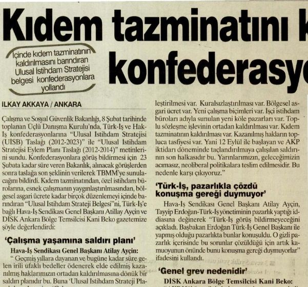 KIDEM TAZMİNATINI KALDIRAN TASLAK KONFEDERASYONLARA YOLLANDI