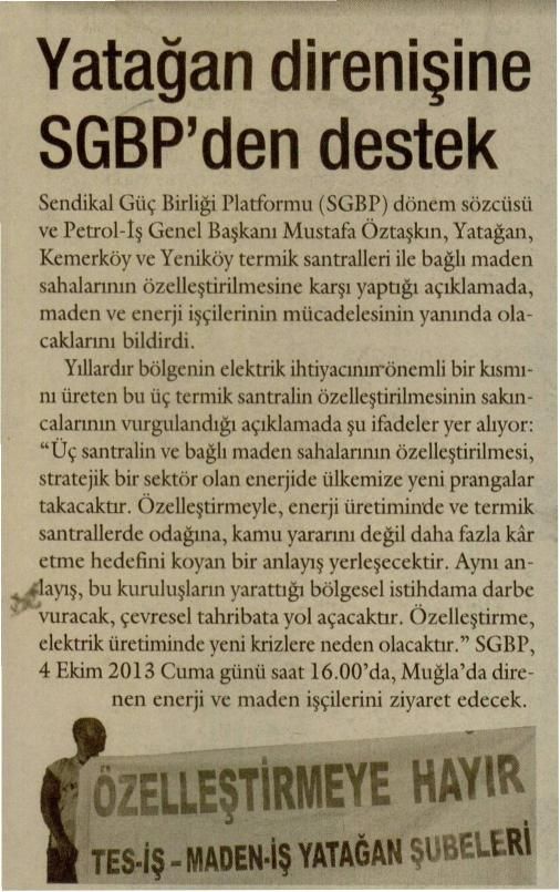 YATAĞAN DİRENİŞİNE SGBP’DEN DESTEK