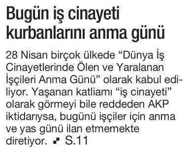 BUGÜN İŞ CİNAYETİ KURBANLARINI ANMA GÜNÜ