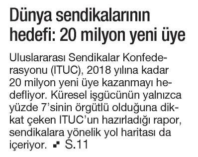 DÜNYA SENDİKALARININ HEDEFİ 20 MİLYON YENİ ÜYE