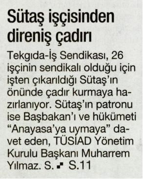 SÜTAŞ İŞÇİSİNDEN DİRENİŞ ÇADIRI