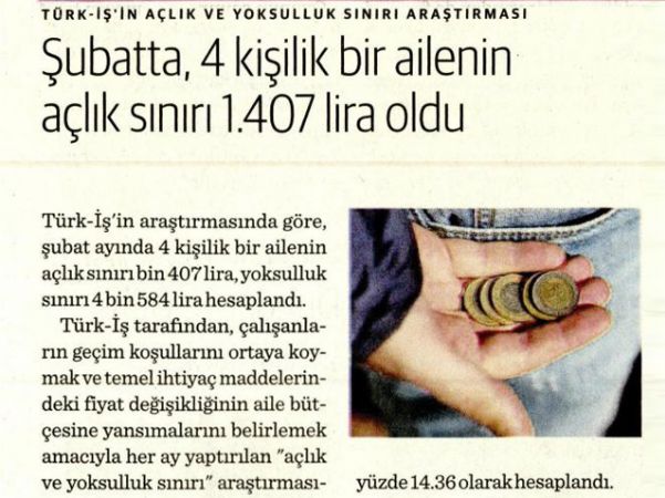 ŞUBATTA, 4 KİŞİLİK BİR AİLENİN AÇLIK SINIRI 1.407 LİRA OLDU