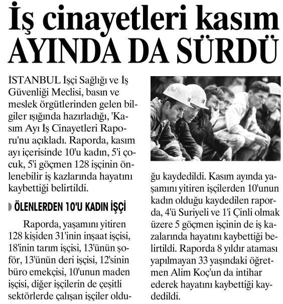 İŞ CİNAYETLERİ KASIM AYINDA DA SÜRDÜ