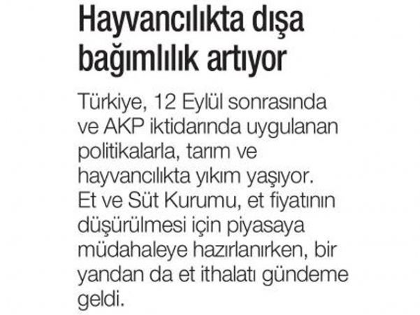 HAYVANCILIKTA DIŞA BAĞIMLILIK ARTIYOR