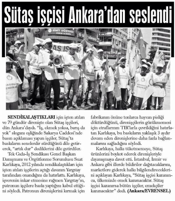 SÜTAŞ İSÇİSİ ANKARA’DAN SESLENDİ