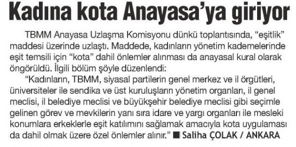 KADINA KOTA ANAYASA’YA GİRİYOR