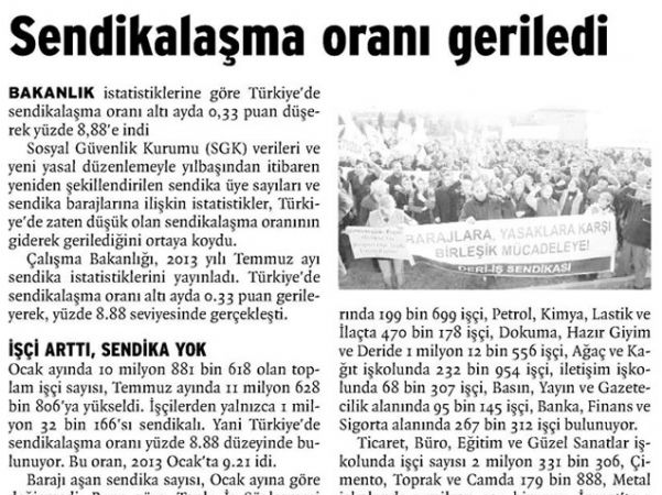 SENDİKALAŞMA ORANI GERİLEDİ