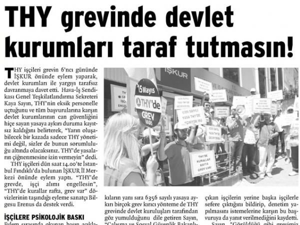 THY GREVİNDE DEVLET KURUMLARI TARAF TUTMASIN!